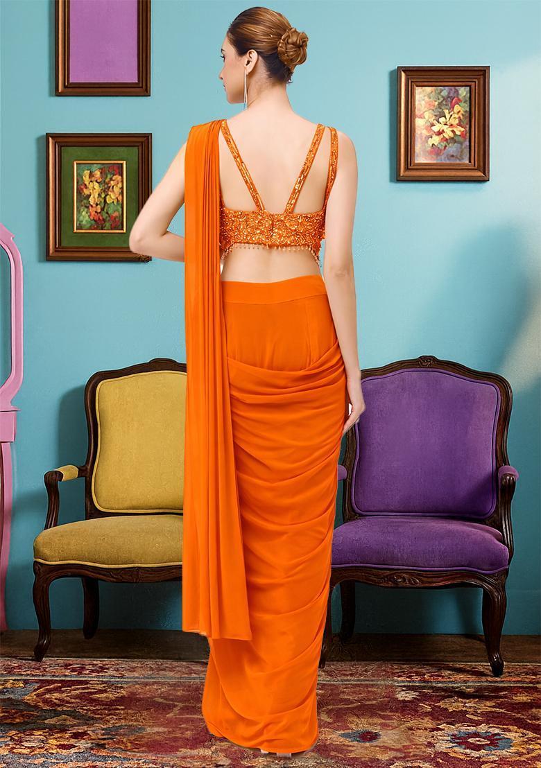 Orange Hand Work Crepe Pre Draped Saree Set - Indya