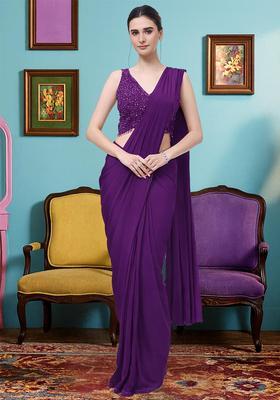 Violet Hand Work Crepe Pre Draped Saree Set