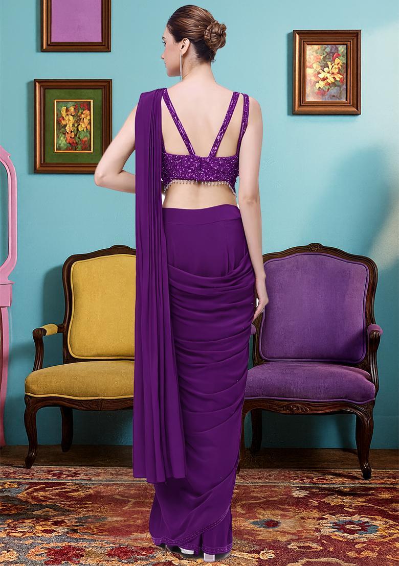 Violet Hand Work Crepe Pre Draped Saree Set - Indya