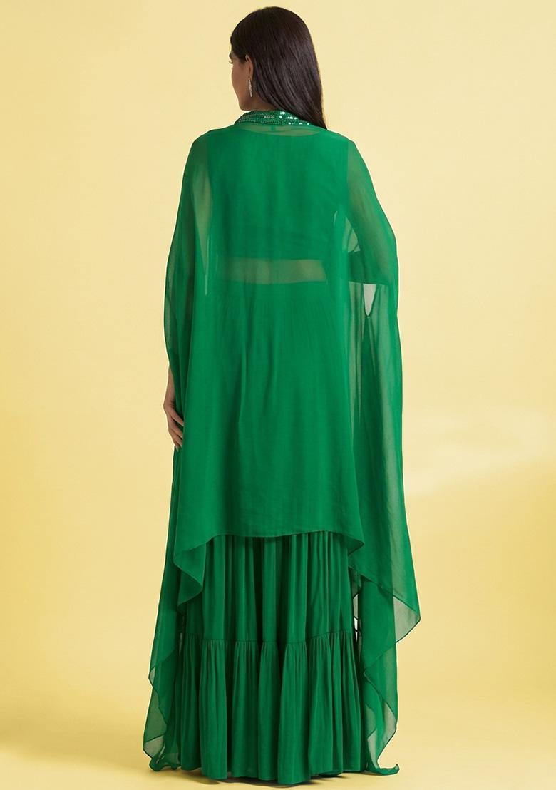 Light Green Hand Work Embellished Georgette Fusion Set - Indya