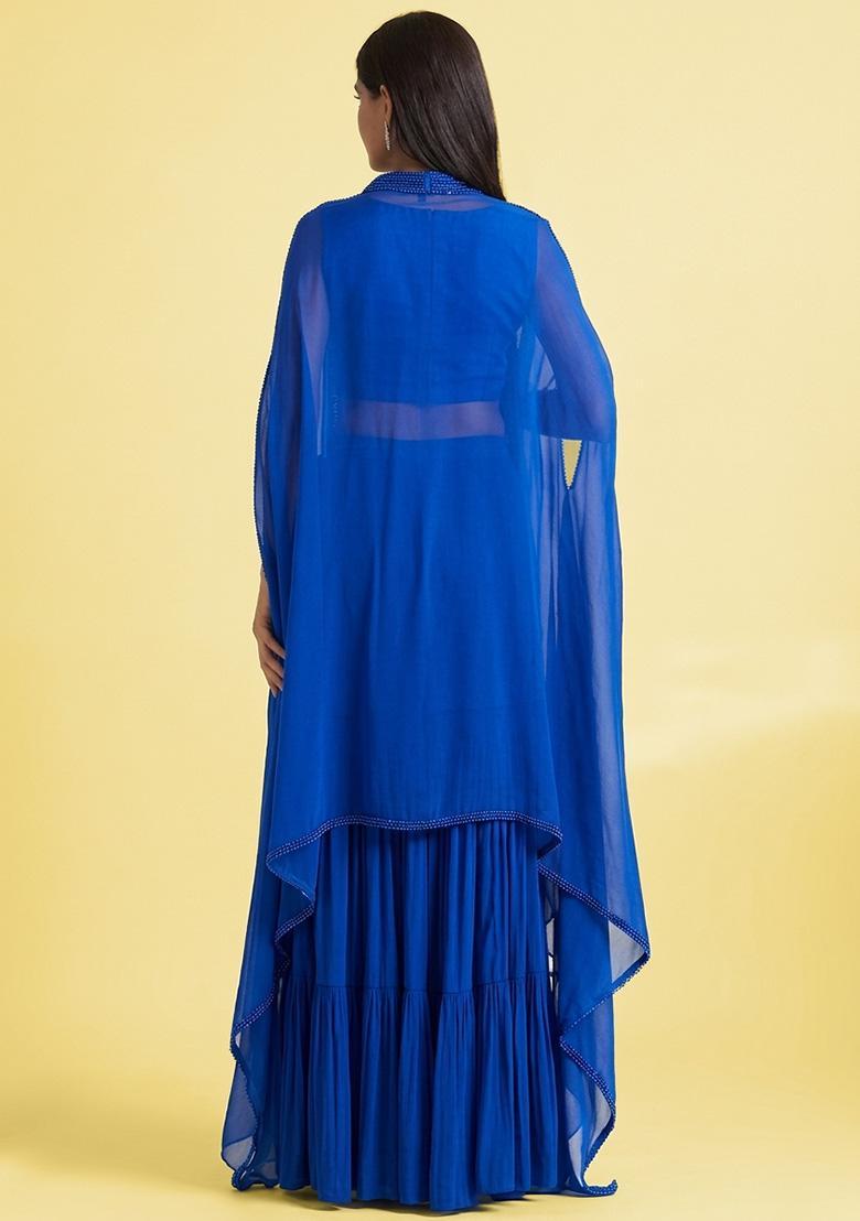 Deep Blue Hand Work Embellished Georgette Fusion Set - Indya