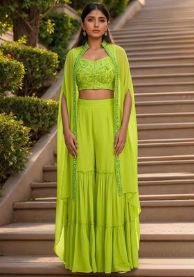 Bright Pink Hand Work Embellished Georgette Fusion Set