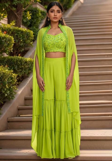 Bright Pink Hand Work Embellished Georgette Fusion Set