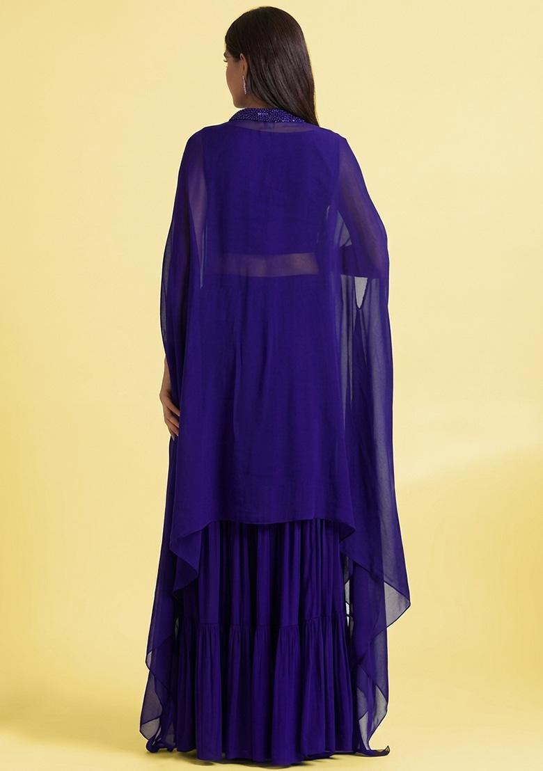 Royal Purple Hand Work Embellished Georgette Fusion Set - Indya