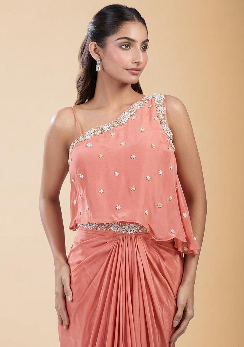 Soft Pink Hand Work Embellished Satin Fusion Set - Indya