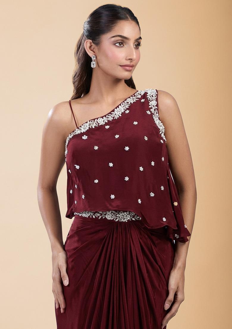 Wine Red Hand Work Embellished Satin Fusion Set - Indya