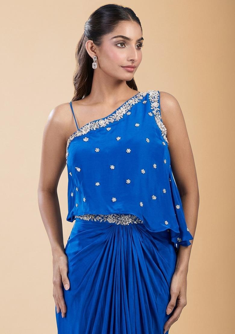 Royal Blue Hand Work Embellished Satin Fusion Set - Indya