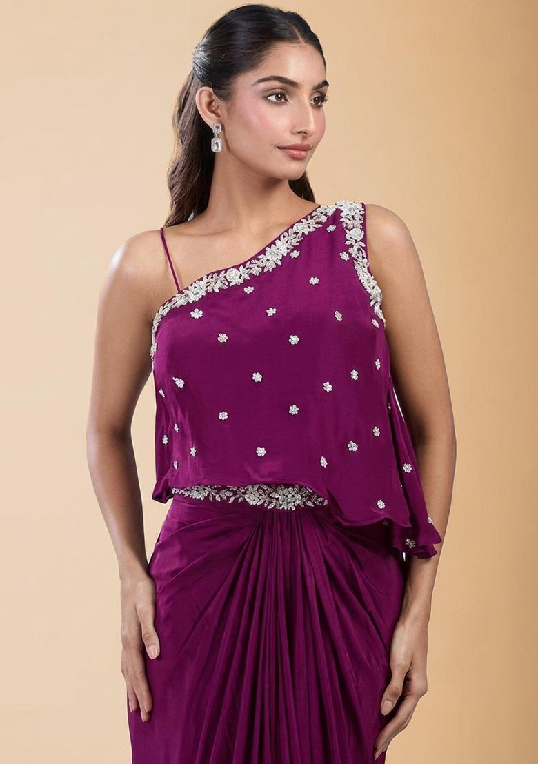 Megenta Hand Work Embellished Satin Fusion Set - Indya