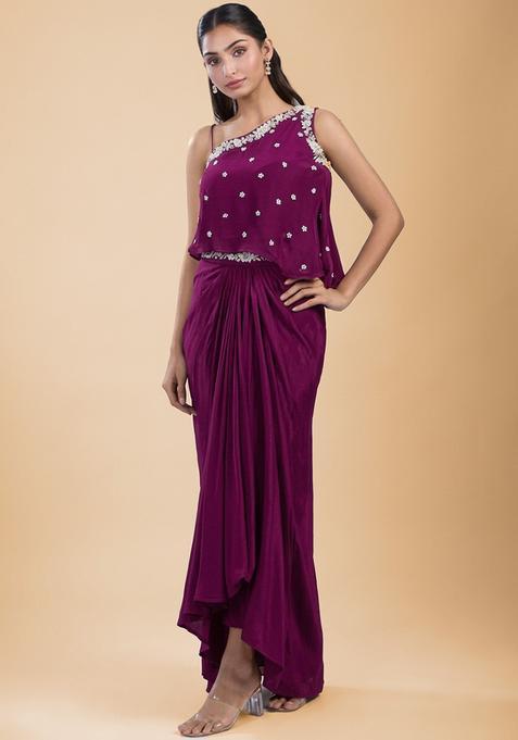Megenta Hand Work Embellished Satin Fusion Set