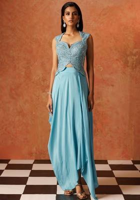 Ice Blue Hand Work Sequin Crepe Fusion Set