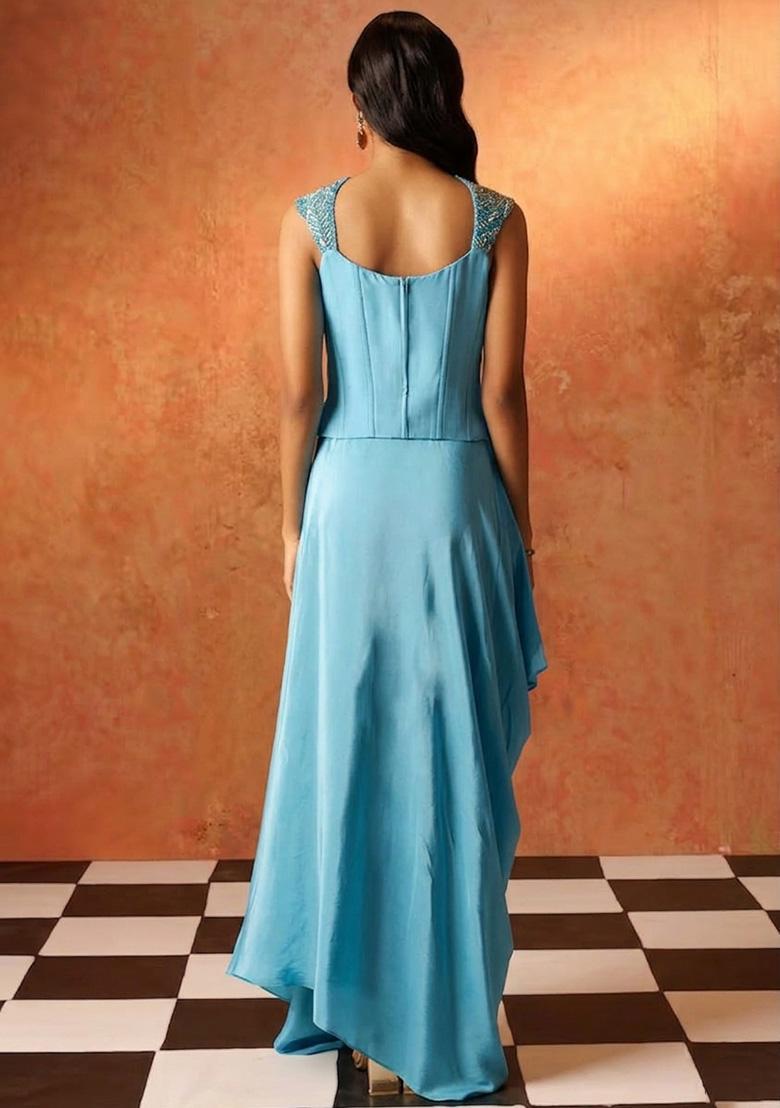 Ice Blue Hand Work Sequin Crepe Fusion Set - Indya