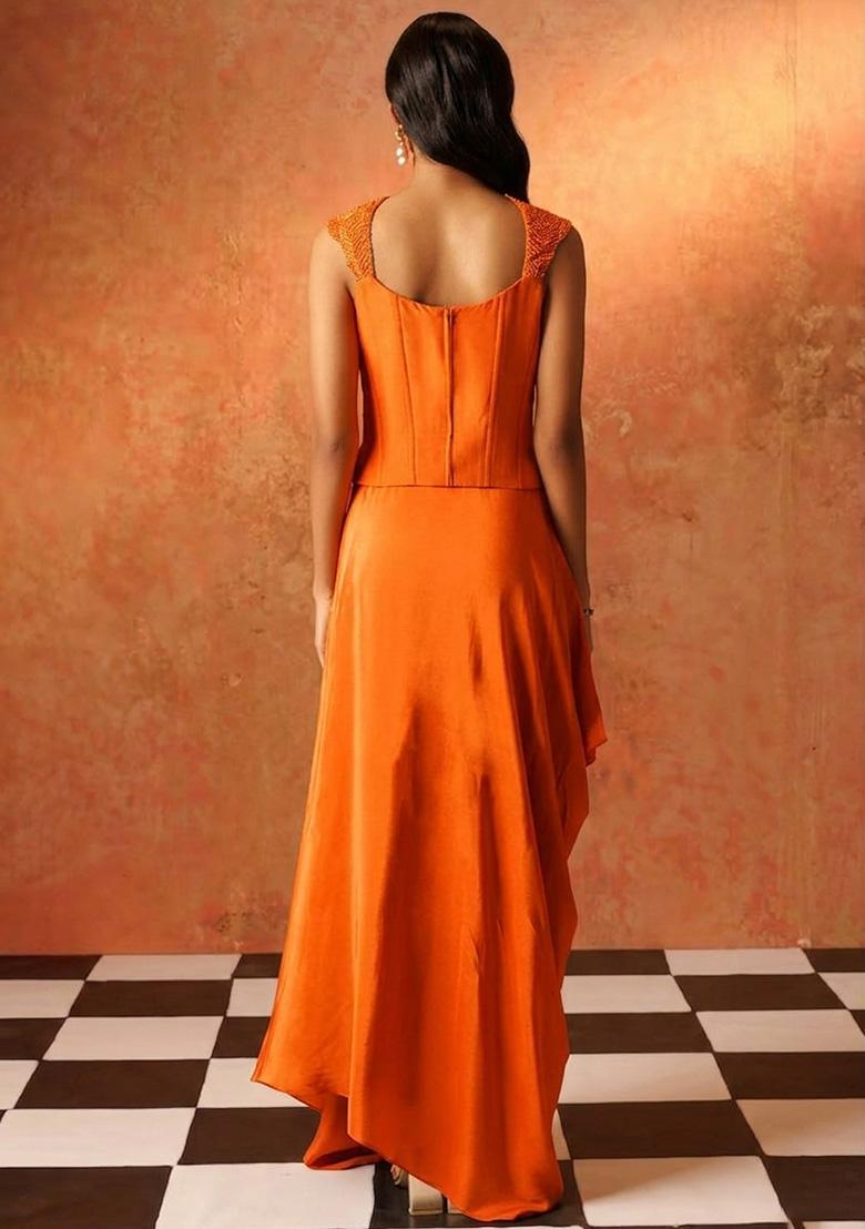 Soft Orange Hand Work Sequin Crepe Fusion Set - Indya