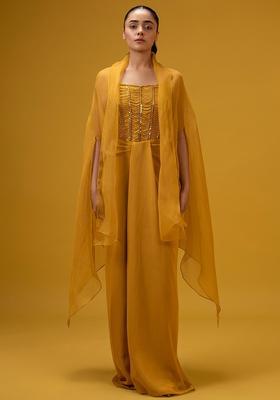 Soft Yellow Hand Work Embellished Crepe Fusion Set
