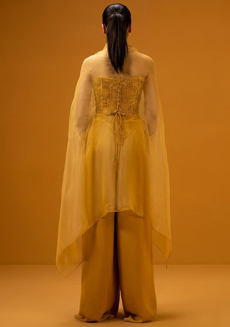 Soft Yellow Hand Work Embellished Crepe Fusion Set - Indya