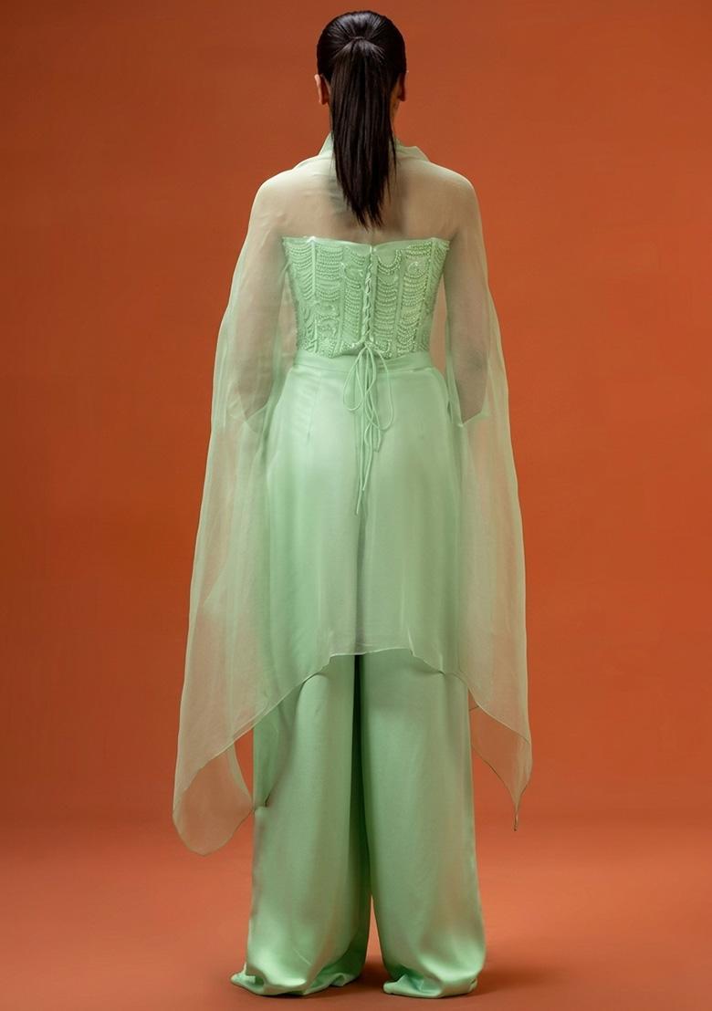 Lime Green Hand Work Embellished Crepe Fusion Set - Indya