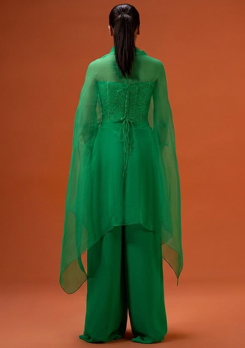 Light Green Hand Work Embellished Crepe Fusion Set - Indya