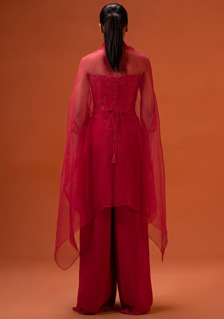 Bright Pink Hand Work Embellished Crepe Fusion Set - Indya