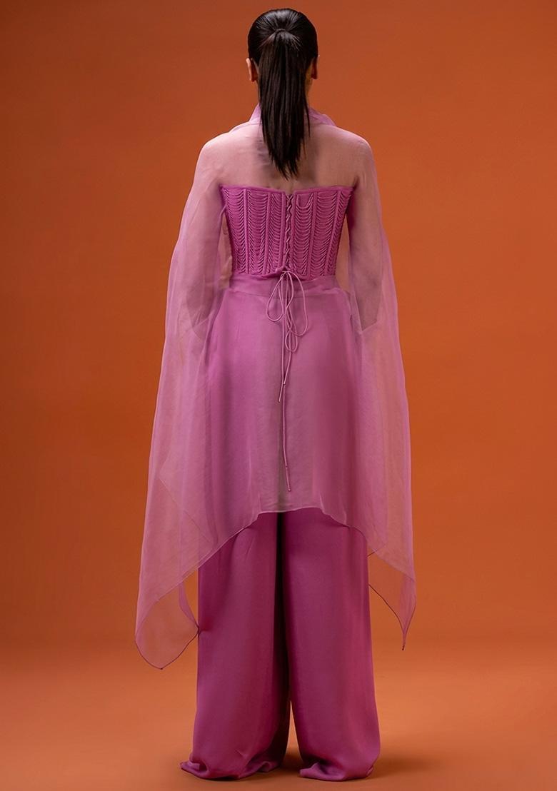 Rose Pink Hand Work Embellished Crepe Fusion Set - Indya