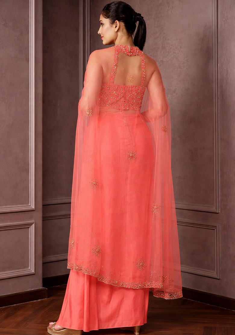 Coral Hand Work Embellished Crepe Fusion Set - Indya