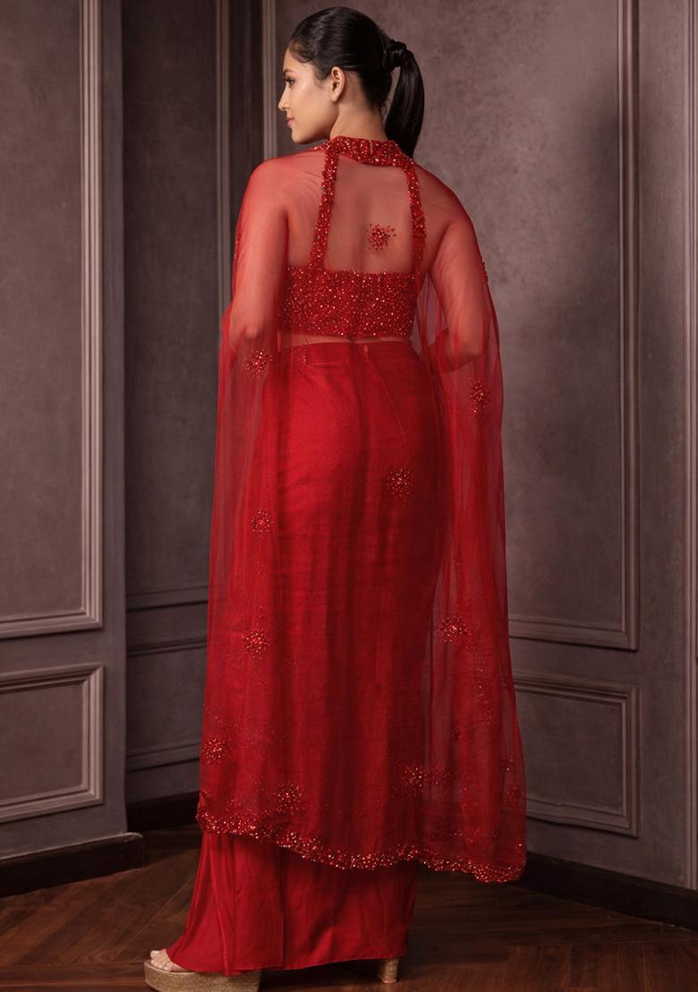 Deep Red Hand Work Embellished Crepe Fusion Set - Indya