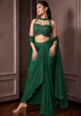 Dark Green Hand Work Embellished Crepe Fusion Set