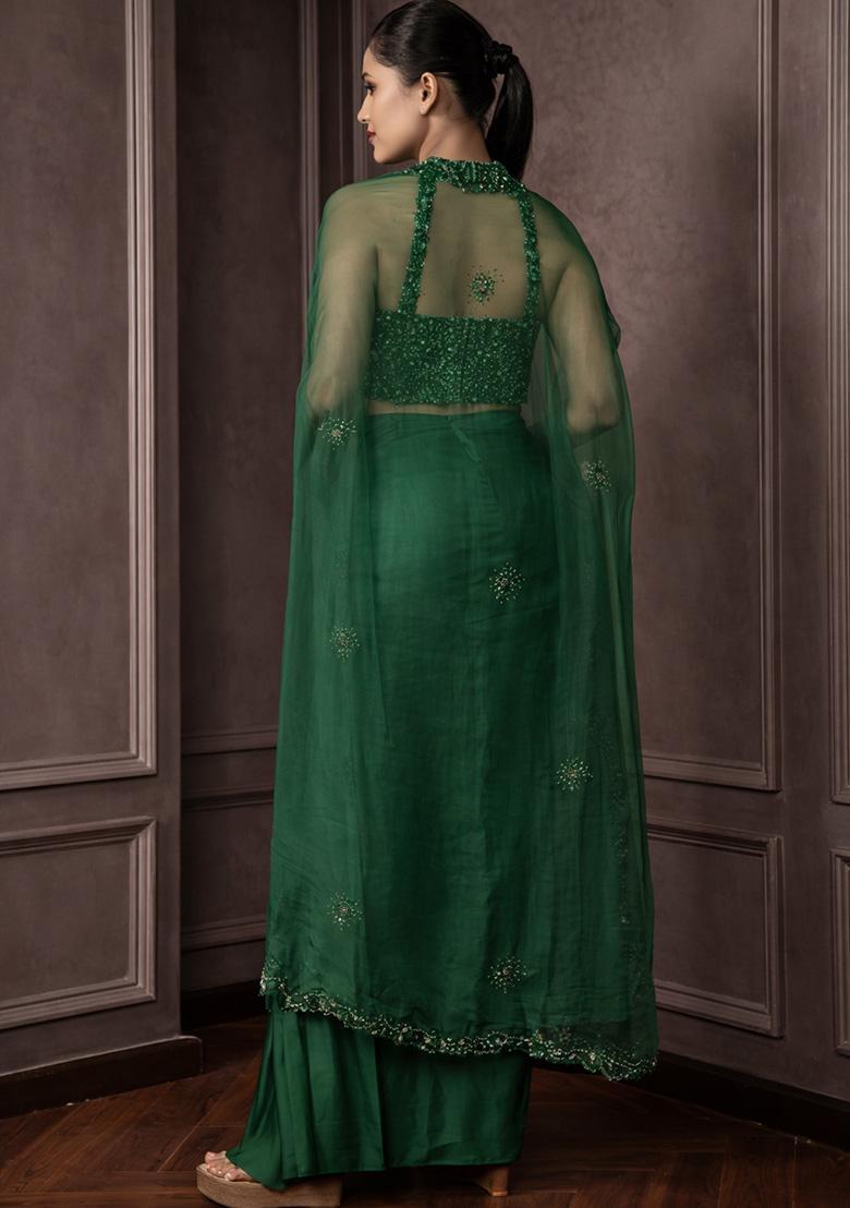 Dark Green Hand Work Embellished Crepe Fusion Set - Indya