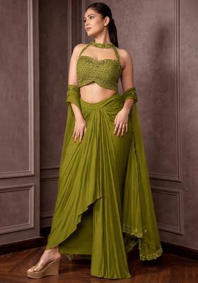 Olive Green Hand Work Embellished Crepe Fusion Set