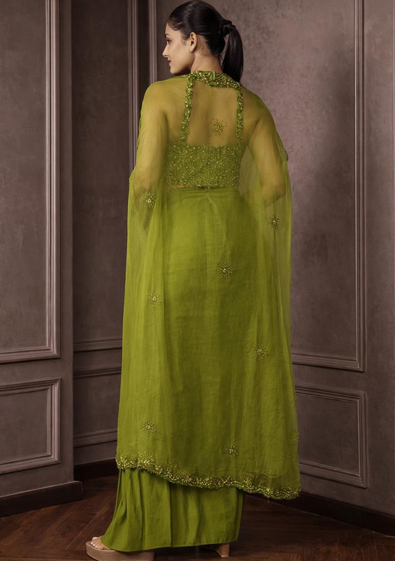 Olive Green Hand Work Embellished Crepe Fusion Set - Indya