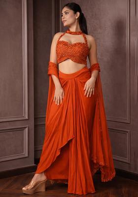 Orange Hand Work Embellished Crepe Fusion Set