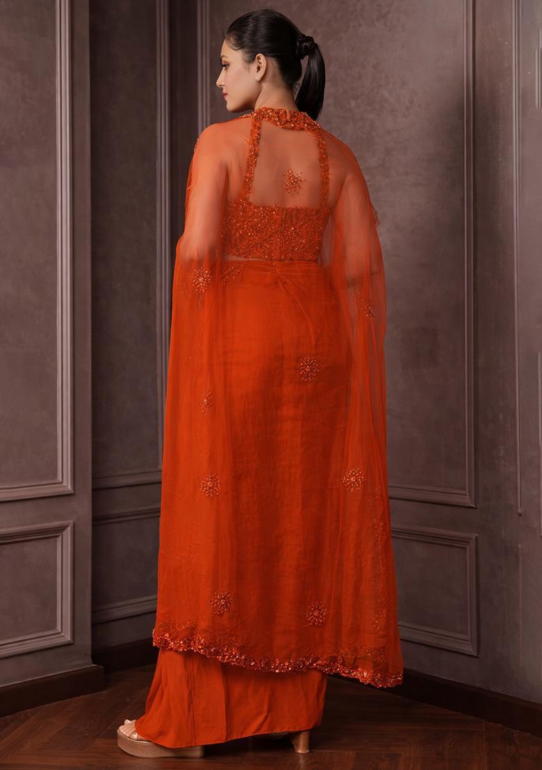 Orange Hand Work Embellished Crepe Fusion Set - Indya