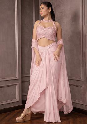 Rose Pink Hand Work Embellished Crepe Fusion Set