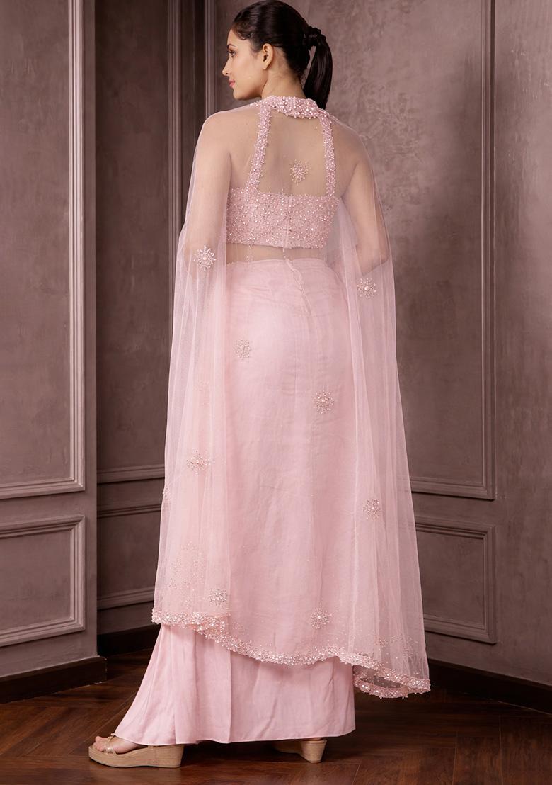 Rose Pink Hand Work Embellished Crepe Fusion Set - Indya