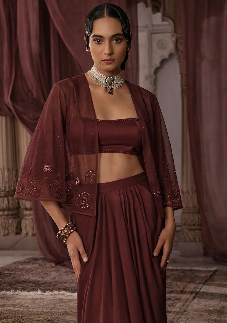 Chocolate Brown Hand Work Embroidered Satin Fusion Set - Indya