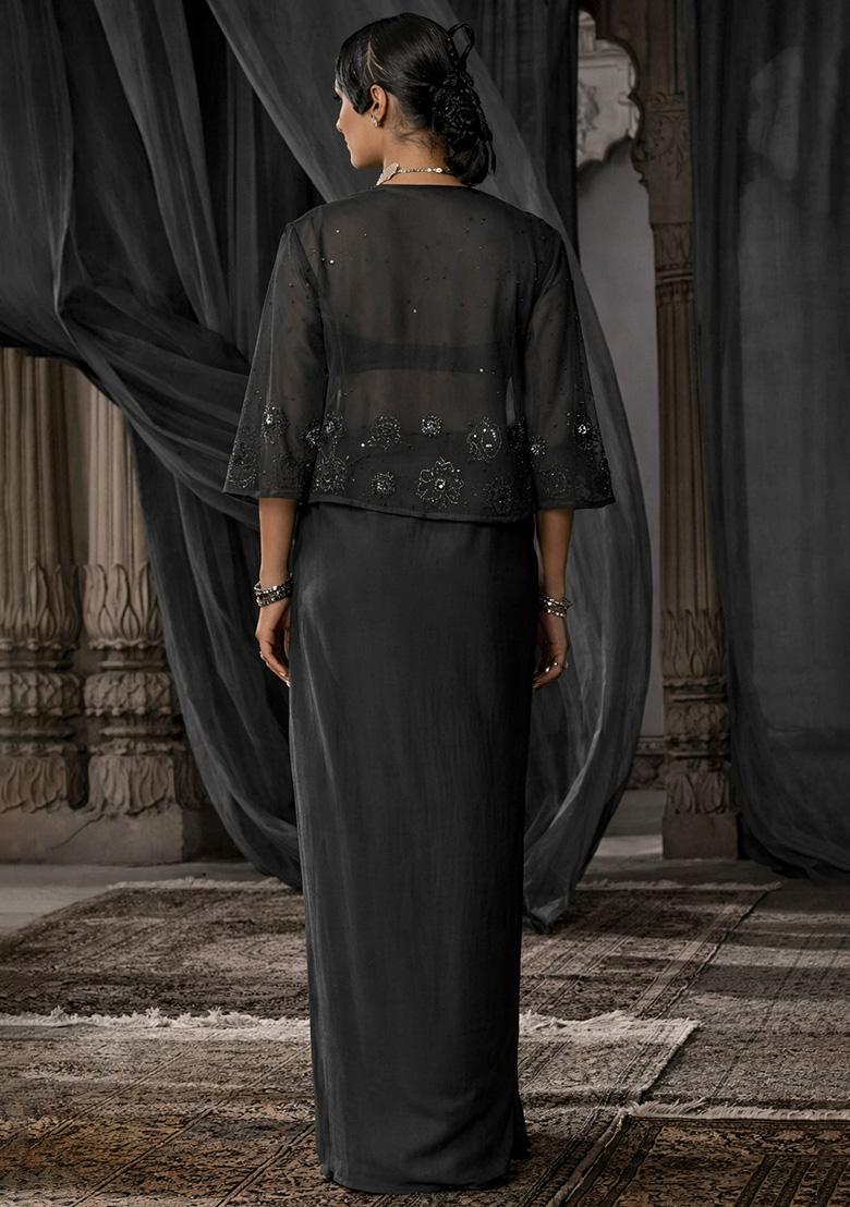 Ink Black Hand Work Embroidered Satin Fusion Set - Indya