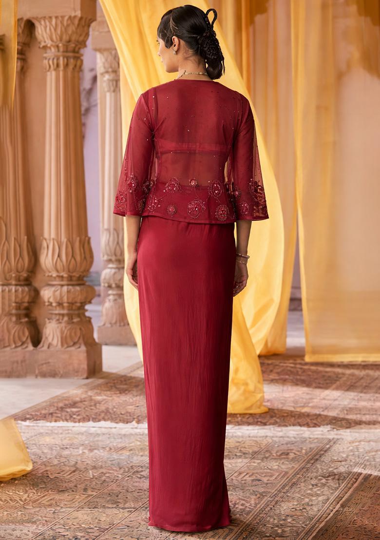 Deep Red Hand Work Embroidered Satin Fusion Set - Indya