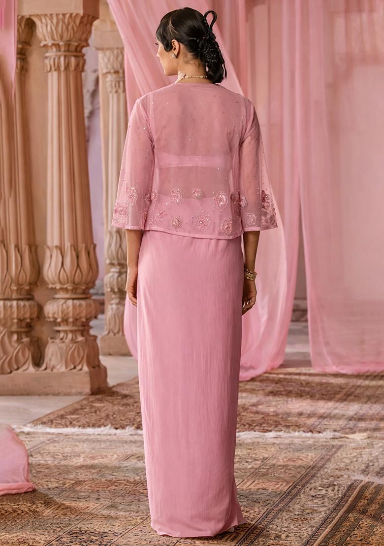 Rose Pink Hand Work Embroidered Satin Fusion Set - Indya