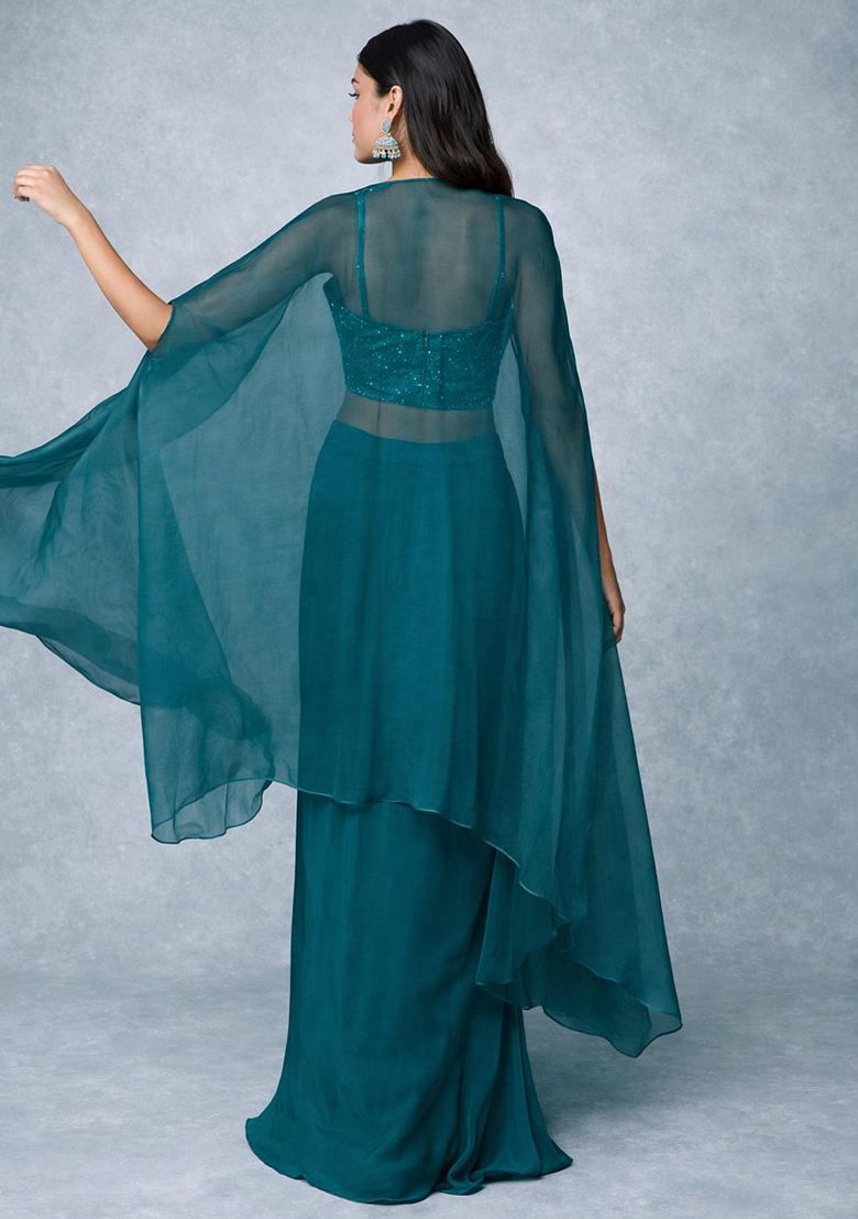Deep Blue Hand Work Embroidered Georgette Fusion Set - Indya