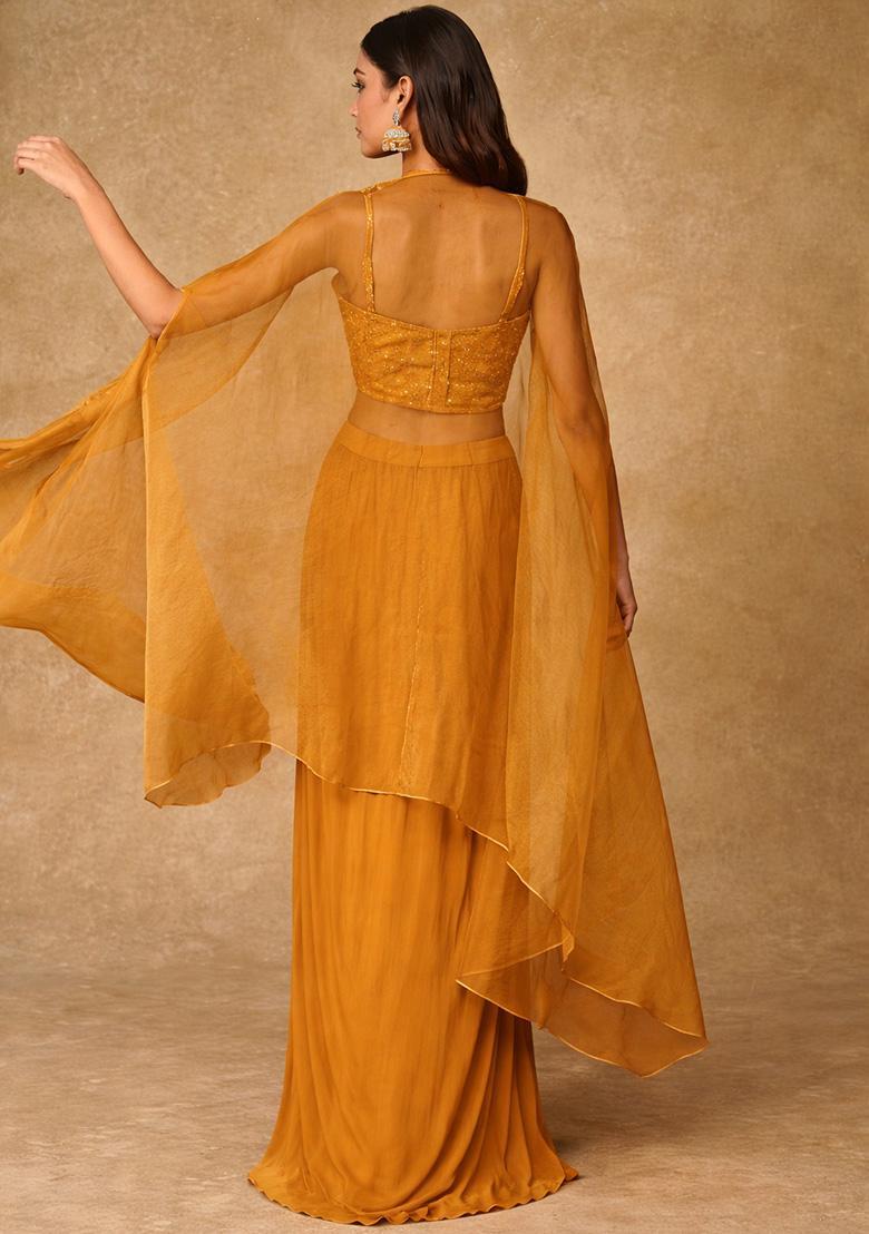 Bright Yellow Hand Work Embroidered Georgette Fusion Set - Indya