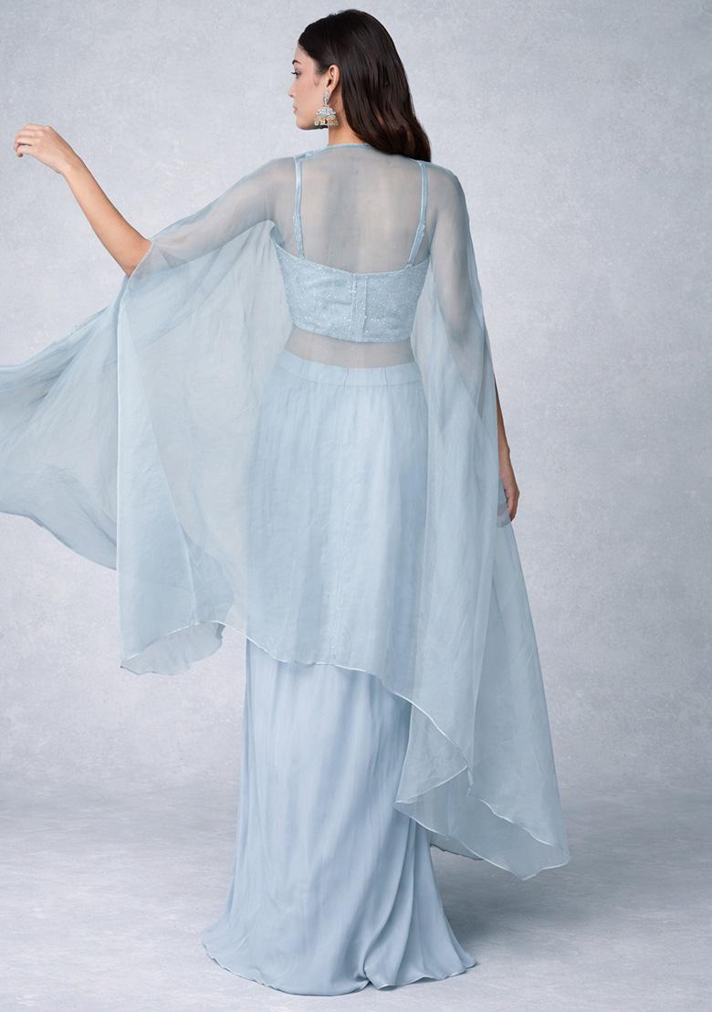 Light Blue Hand Work Embroidered Georgette Fusion Set - Indya
