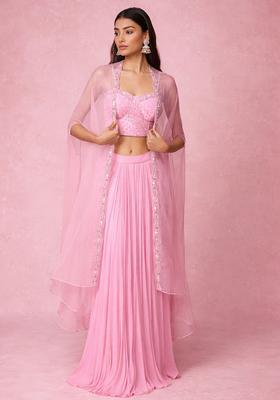 Baby Pink Hand Work Embroidered Georgette Fusion Set