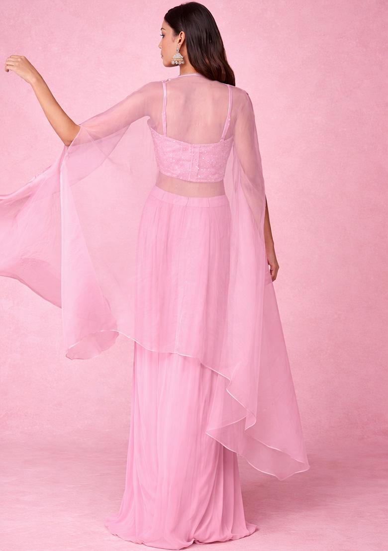 Baby Pink Hand Work Embroidered Georgette Fusion Set - Indya