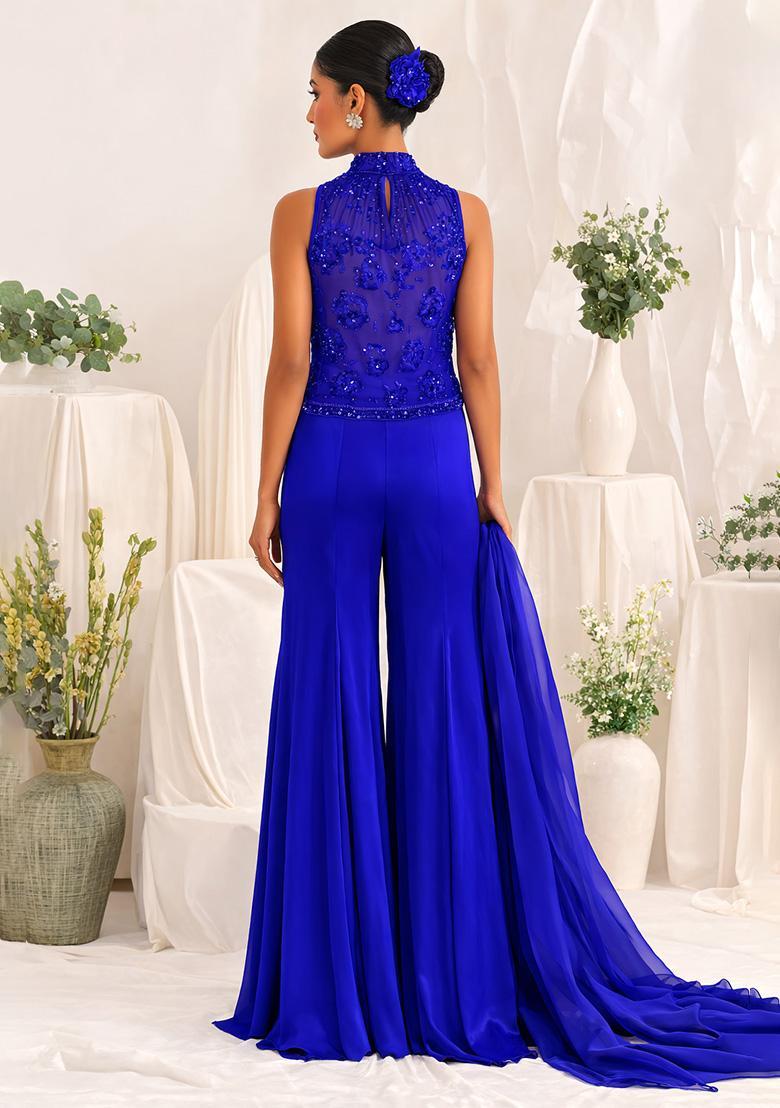 Deep Blue Hand Work Sequin Crepe Fusion Set - Indya
