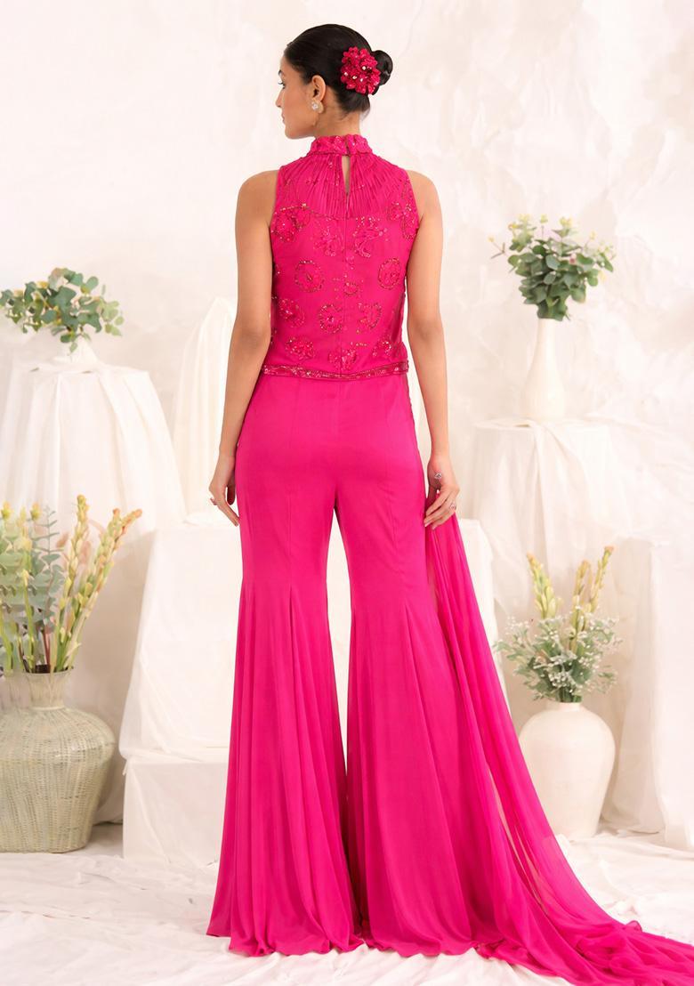 Soft Pink Hand Work Sequin Crepe Fusion Set - Indya