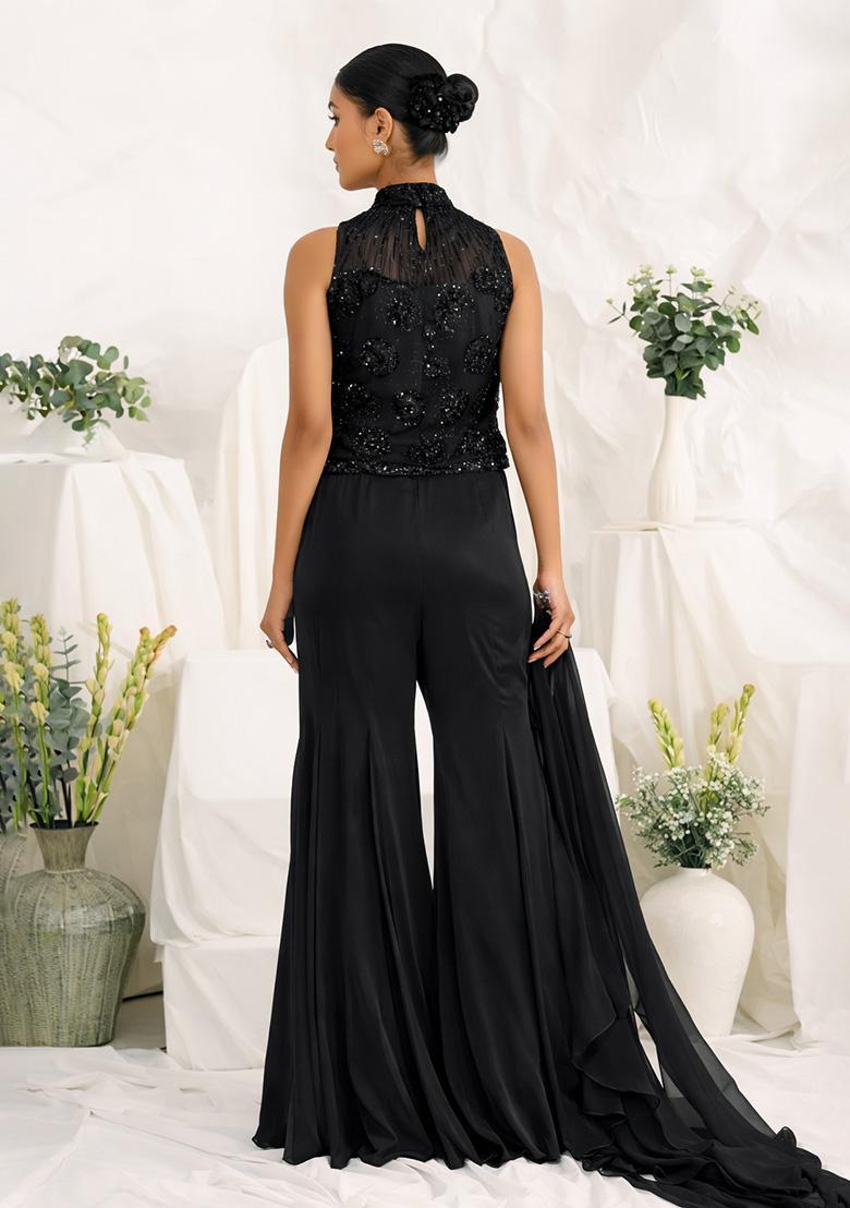 Deep Purple Hand Work Sequin Crepe Fusion Set - Indya