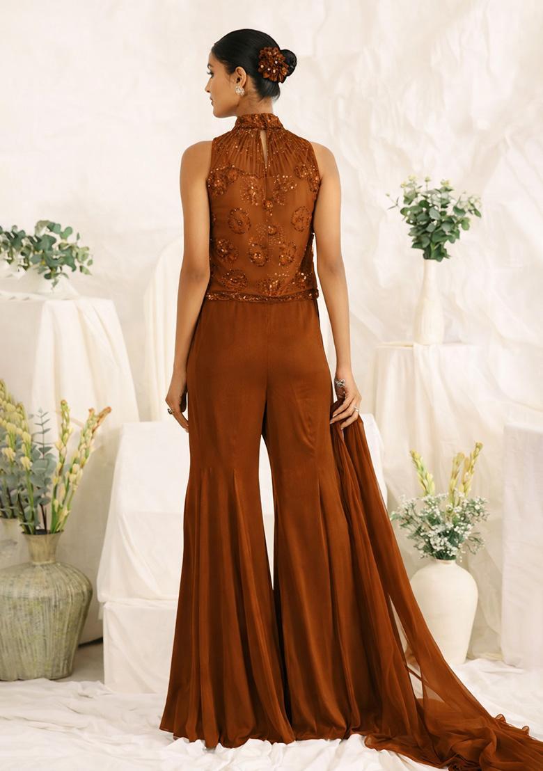 Brown Hand Work Sequin Crepe Fusion Set - Indya