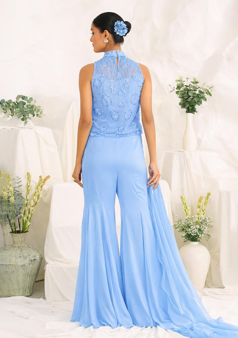 Sky Blue Hand Work Sequin Crepe Fusion Set - Indya