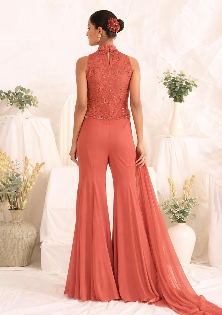 Burnt Orange Hand Work Sequin Crepe Fusion Set - Indya