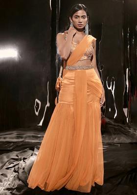 Soft Orange Hand Work Sequin Satin Fusion Set