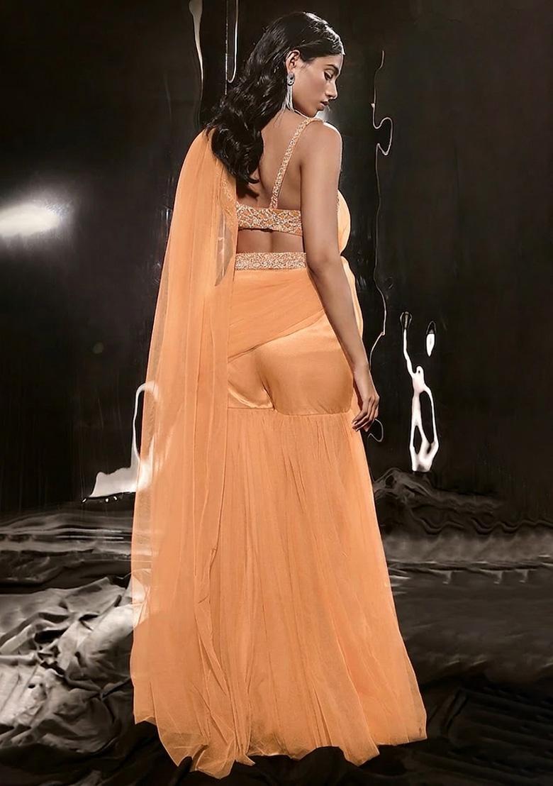 Soft Orange Hand Work Sequin Satin Fusion Set - Indya