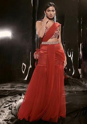 Deep Red Hand Work Sequin Satin Fusion Set